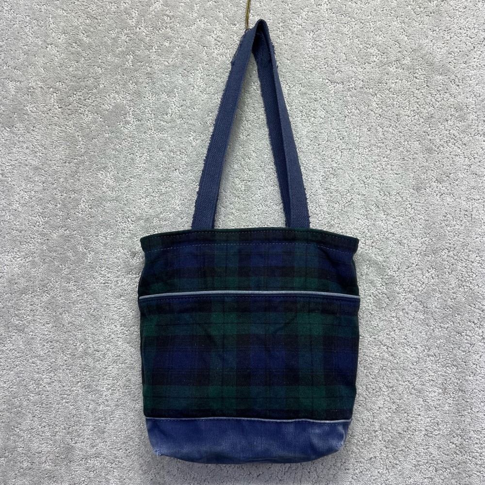 VINTAGE LL Bean Tote Bag Blue Green Plaid Wool Blend Zipper Top Distressed Boat